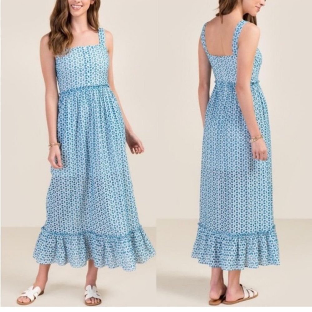NWT Blue rain Darla Eyelet sleeveless blue and white tiered maxi dress